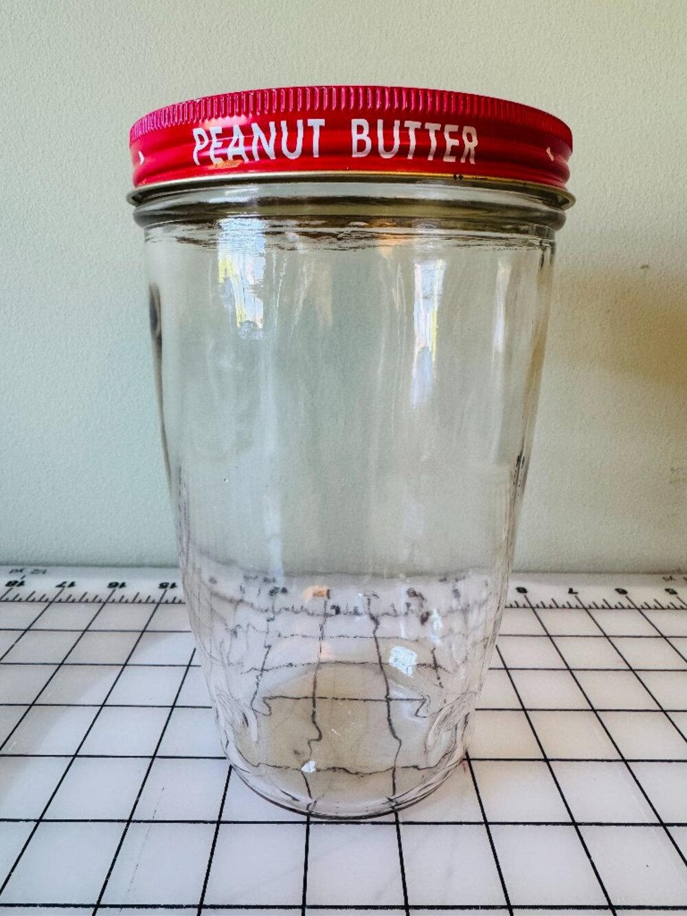 Vintage 1950s JFG Peanut Butter Jar Glass Canister w/ Original Red Lid